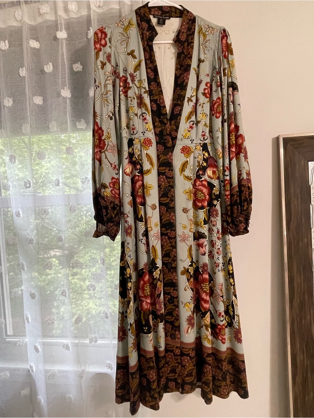 Floral Maxi Dress with Puff Sleeves - Mint & Burgundy - Picture 3 of 5